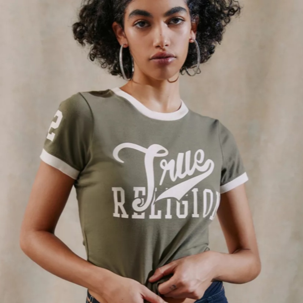 True Religion~Olive Green Ringer Sport Baby Tee ~ Size Small - Picture 2 of 10